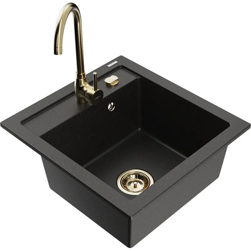 Mexen Vito, 1-komorový granitový drez a kuchynská batéria Telma, čierna-zlatý metalik, 6503-75-670200-50