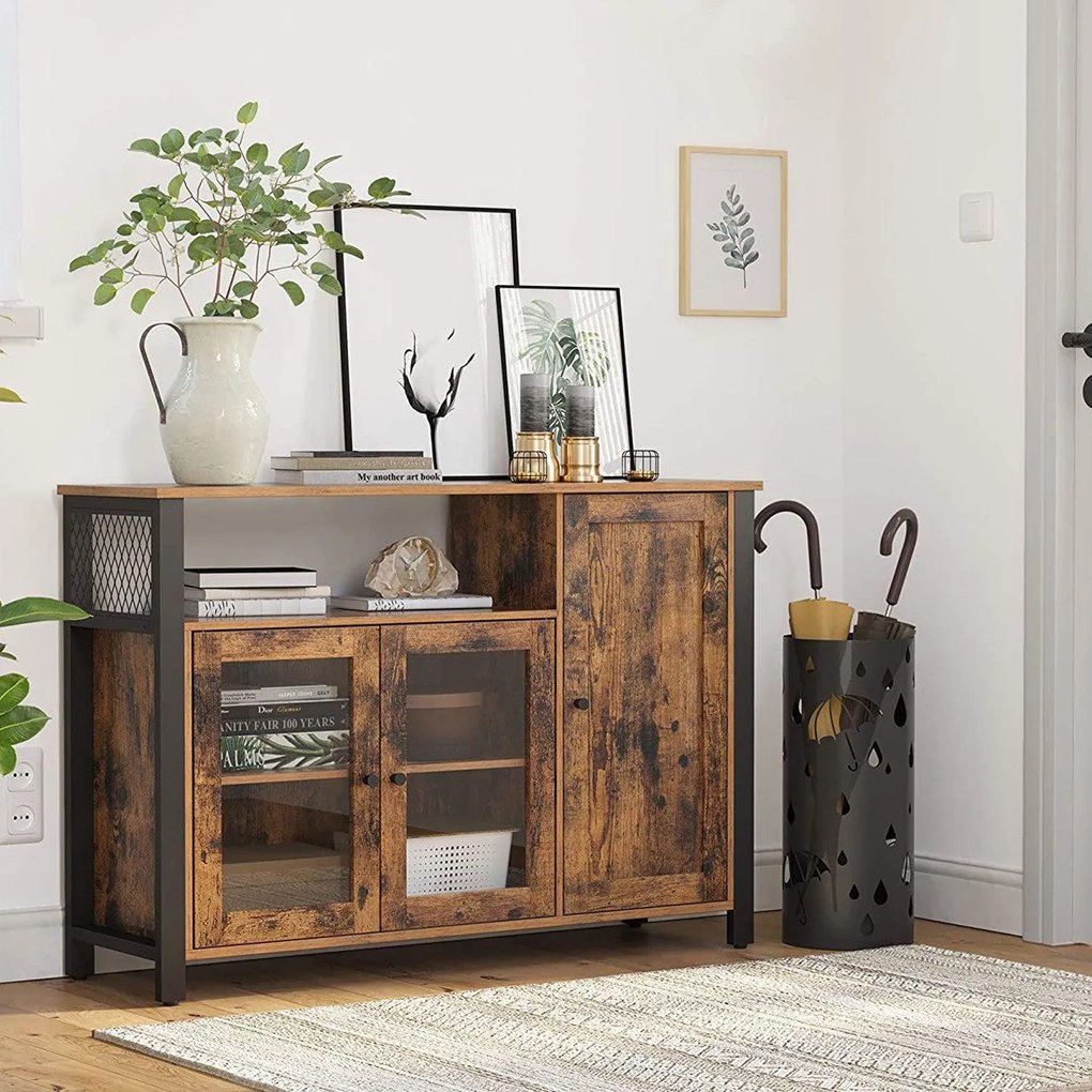 Príborník s 3 dvierkami, úložná skrinka, rustikálny hnedý a čierny