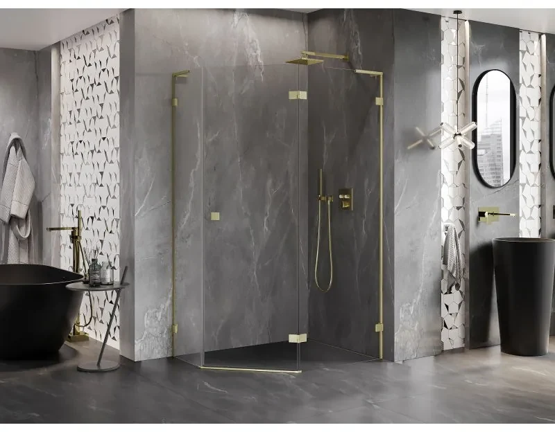 Mexen Lunar, L pravý výklopný päťuholníkový sprchový kút 100 x 80 cm, 8mm číre sklo, zlatý matný profil, 831L-100P-080L-55-00-P