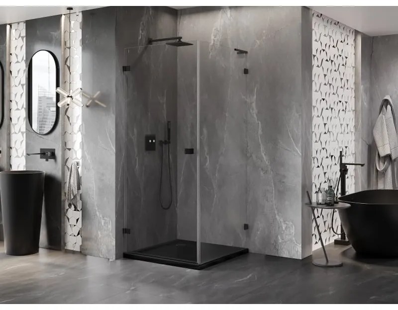 Mexen Lunar-B L, 1-krídlový sprchový kút, ľavý, 90 x 90 cm, 8mm číre sklo, čierny profil, 832L-090-090-70-00-L