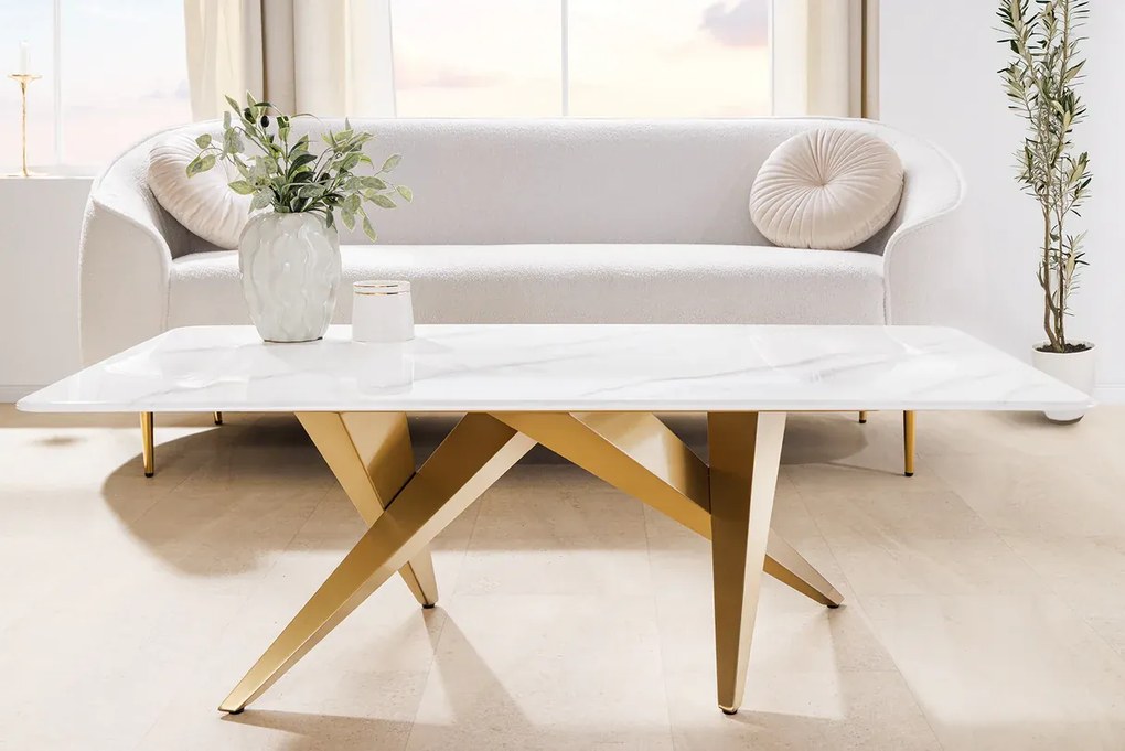 Konferenčný stolík ART LIVING 130 cm s keramickou doskou z bieleho mramoru a rámom v šampansko-zlatej farbe