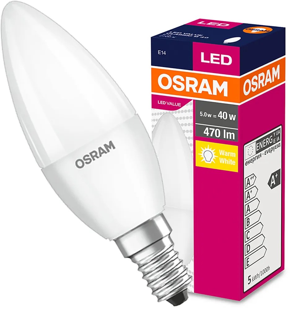 LED žiarovka E14 B35 5,7W = 40W 470lm 2700K Warm 200° OSRAM Value