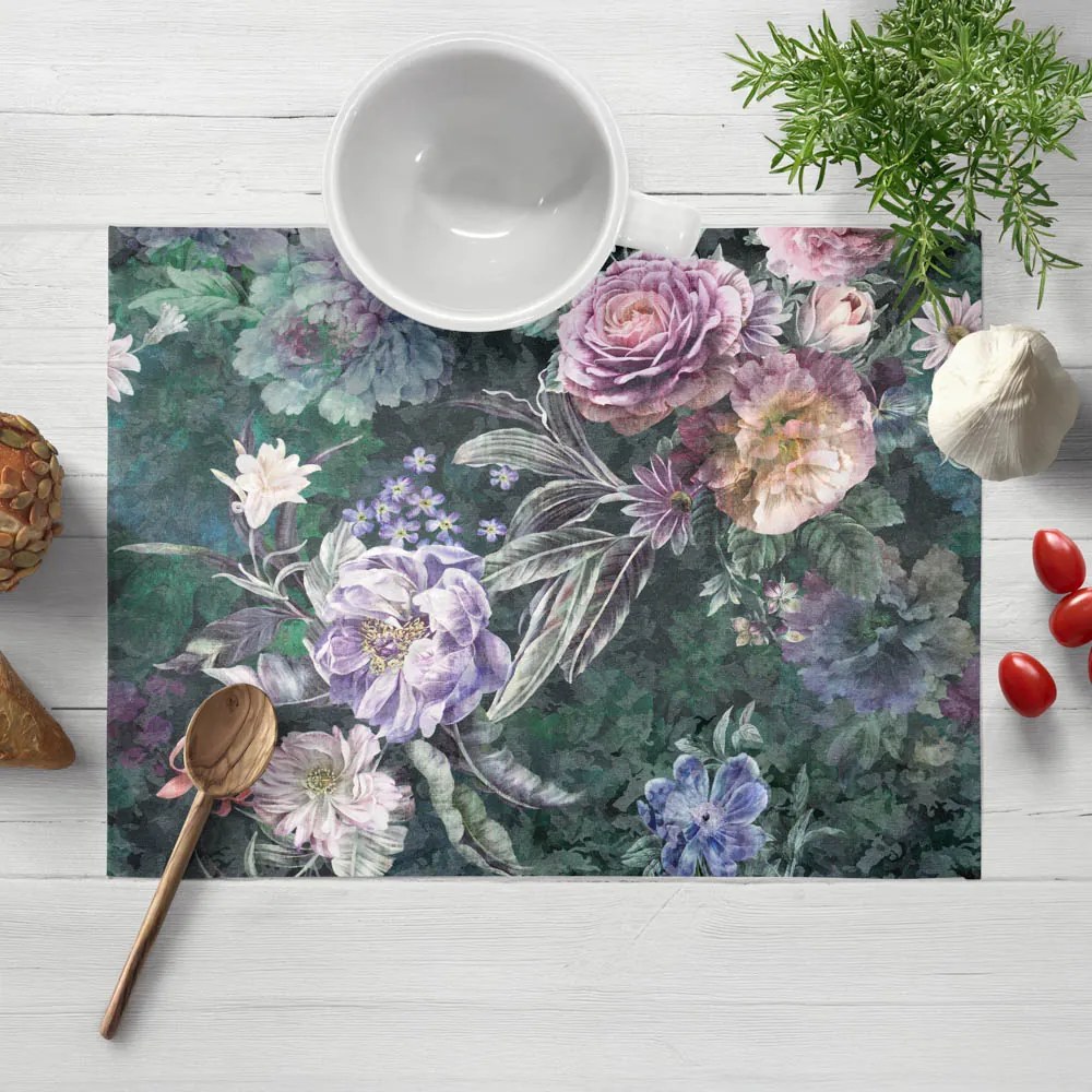 Biante Dekoračné prestieranie na stôl BM-010 Veľké fialové kvety na tmavo zelenom 30x40 cm