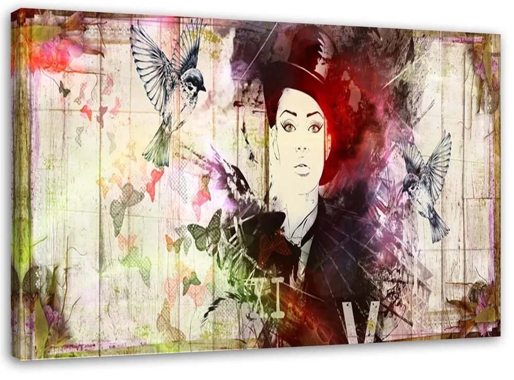 Obraz na plátně, Abstraktní žena klobouk ptáci - 60x40 cm