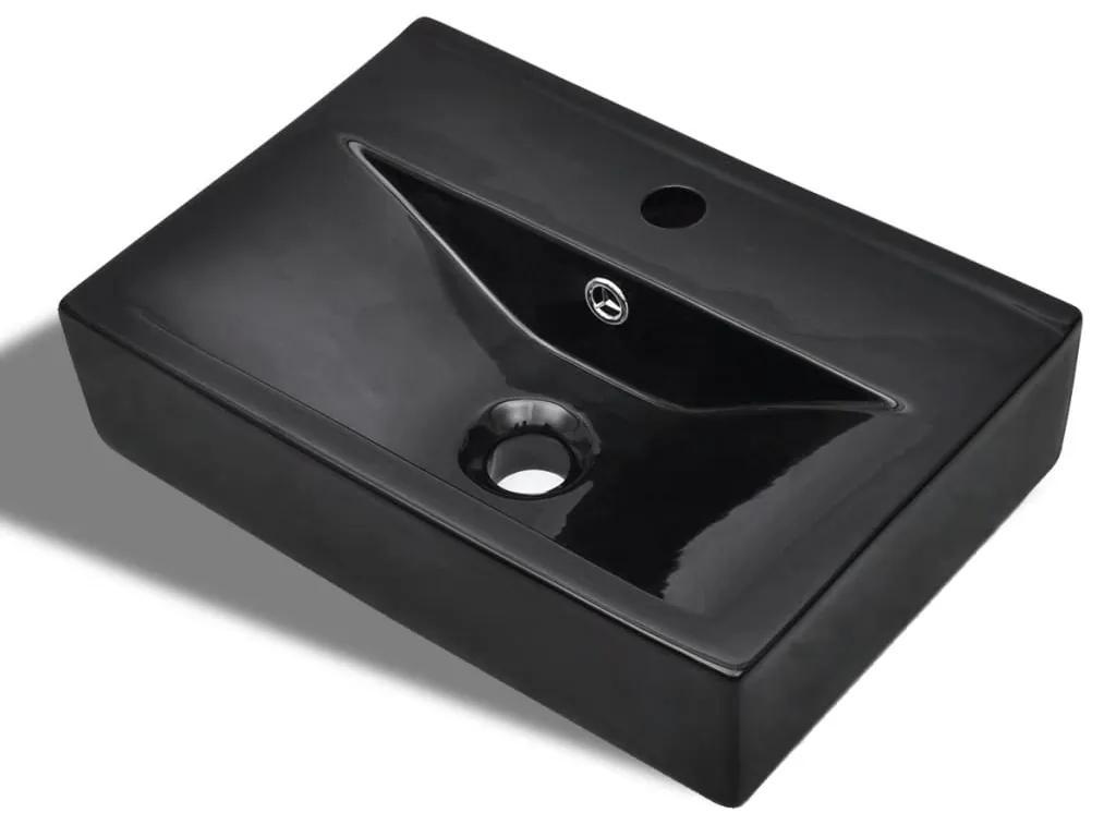 vidaXL Keramické umývadlo s prepadom a otvorom na batériu, čierne, obdĺžnikové