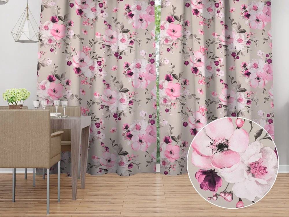 Biante Bavlnený záves Sandra SA-494 Veľké ružové kvety na svetlo sivobéžovom 150x230 cm