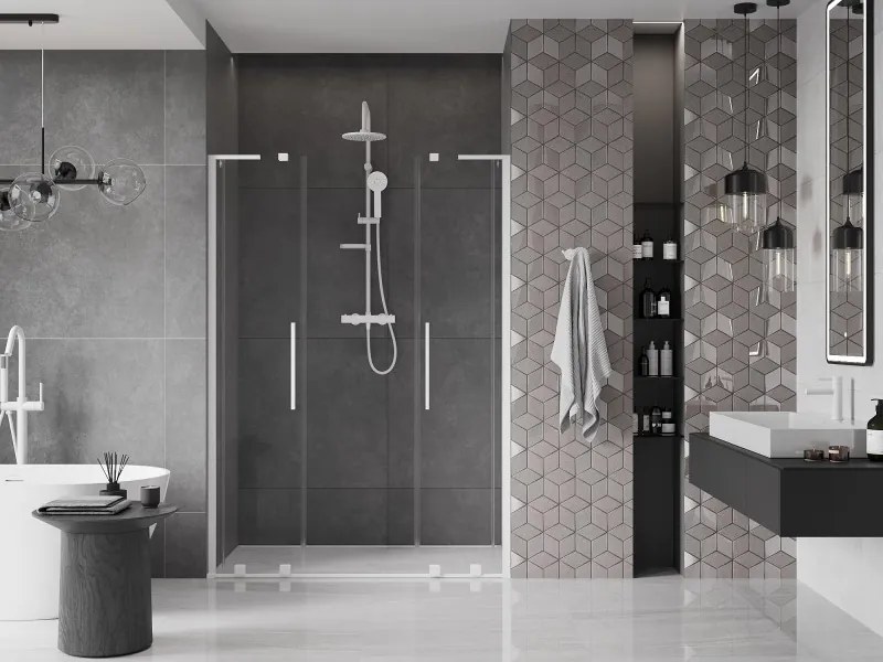 Mexen Velar L Duo, posuvné sprchové dvere do otvoru 140 cm, 8mm číre sklo, biela matná, 871-140-003-02-20