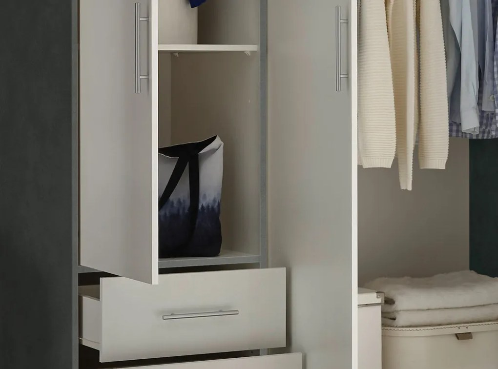 Šatníková skriňa Valencia,155 cm, optika šedého kovu/biela