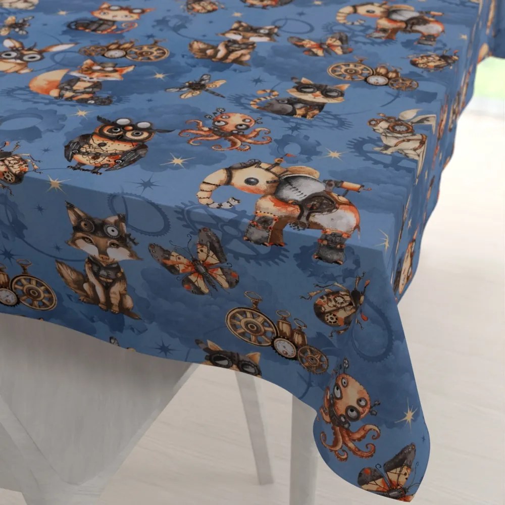 Biante Detský bavlnený obdĺžnikový obrus Sandra SA-581 Zvieratká vynálezcovia na modrom 120x140 cm