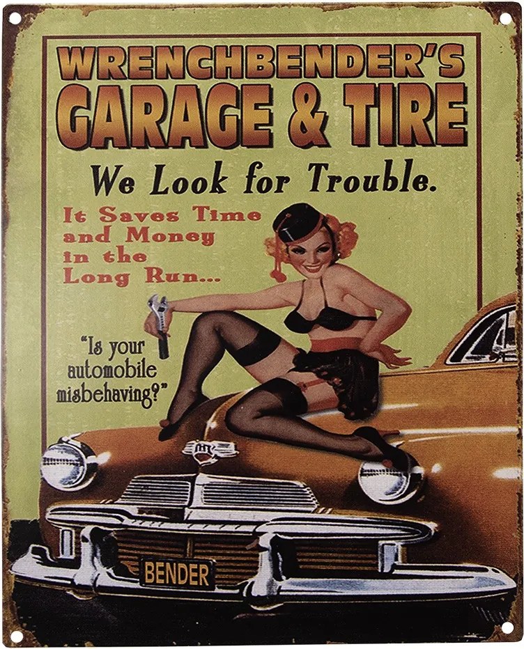 Farebná antik nástenná kovová ceduľa Garage & Tire - 20*1*25 cm