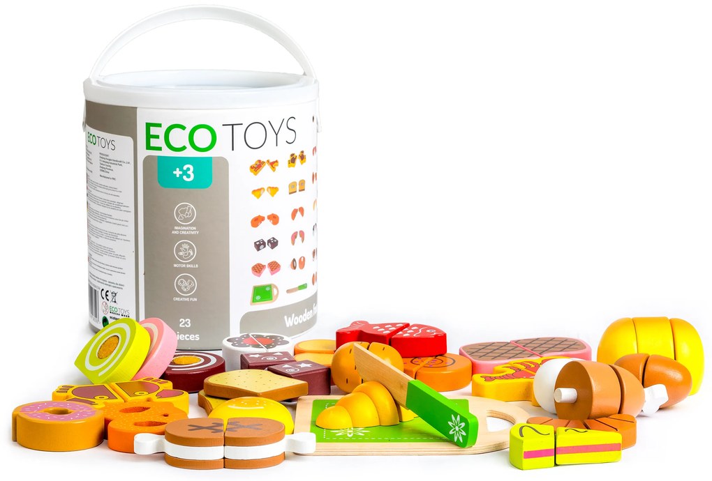 Drevené jedlo na krájanie 23 ks – set ECOTOYS