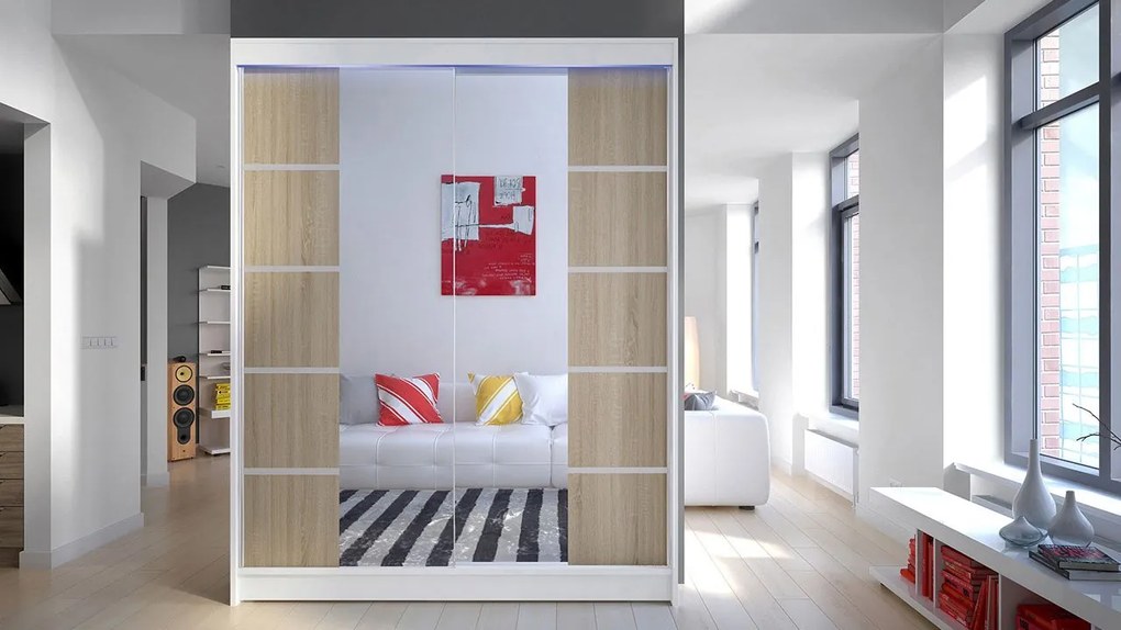 Posuvná skriňa Belgia V, Farby: čierna / čierna + zrkadlo, Osvetlenie: osvetlenie LED RGB - farebné