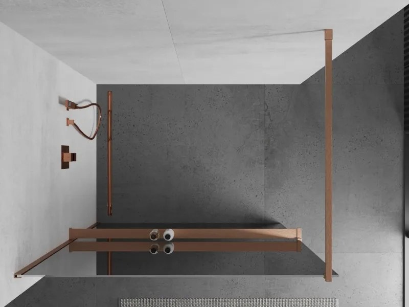 Mexen Kioto+, sprchová zástena Walk-In s poličkou a vešiakom 100 x 200 cm, 8mm sklo vzor zrkadlo, medený matný profil, 800-100-121-65-50