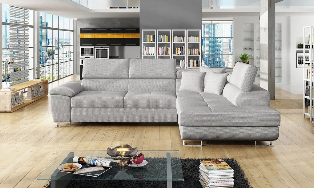 Rohová sedacia súprava do obývačky Alvin Sale, Dostupné poťahy: Ekokoža Soft 017 (biela) + Lux 06 + Ekokoža Soft 017 (biela), Strana: ľavá