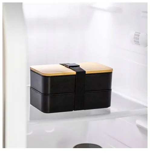 Svačinový box DUO LUNCH s príborom, čierny/bambus