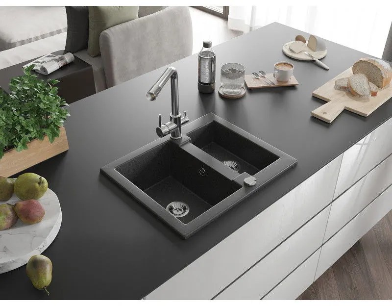 Mexen Carlos, 1,5-komorový granitový drez 582x475x177 mm a drezová batéria Duero, čierna škvrnitá, 6518-76-671600-00