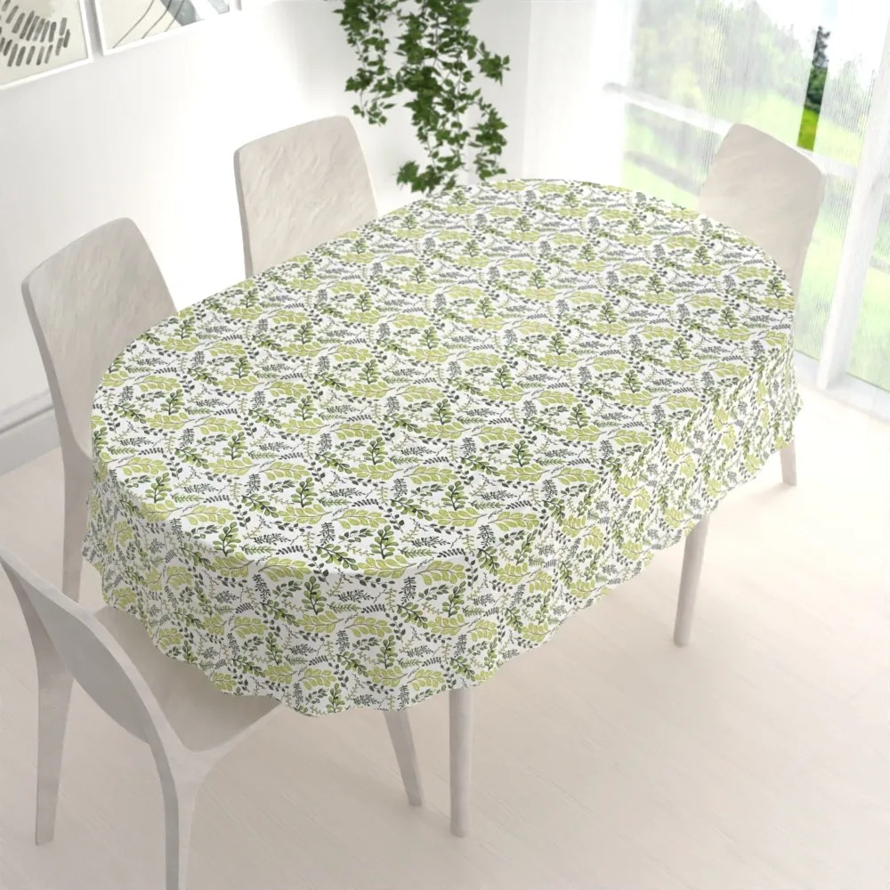 Biante Bavlnený oválny obrus Sandra SA-426 Zelené vetvičky s lístkami na bielom 60x100 cm