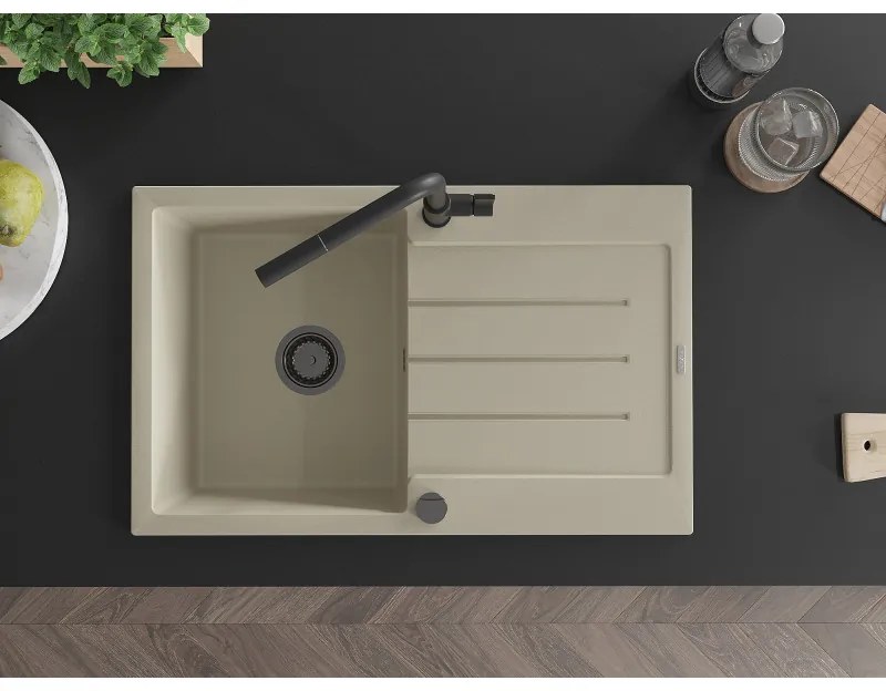 Mexen Bruno, 1-komorový granitový drez 795x495x200 mm a drezová batéria Flora, béžová, 6513-69-670401-70-B