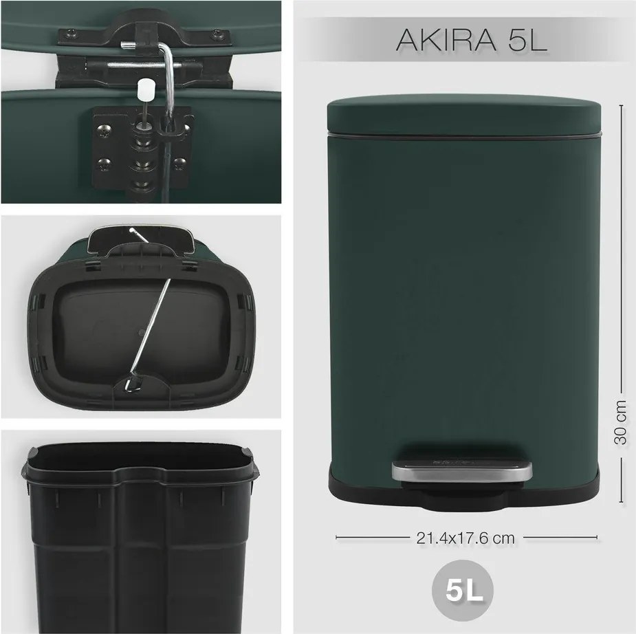 Tmavozelený nášľapný oceľový odpadkový kôš 5 l Akira – Spirella