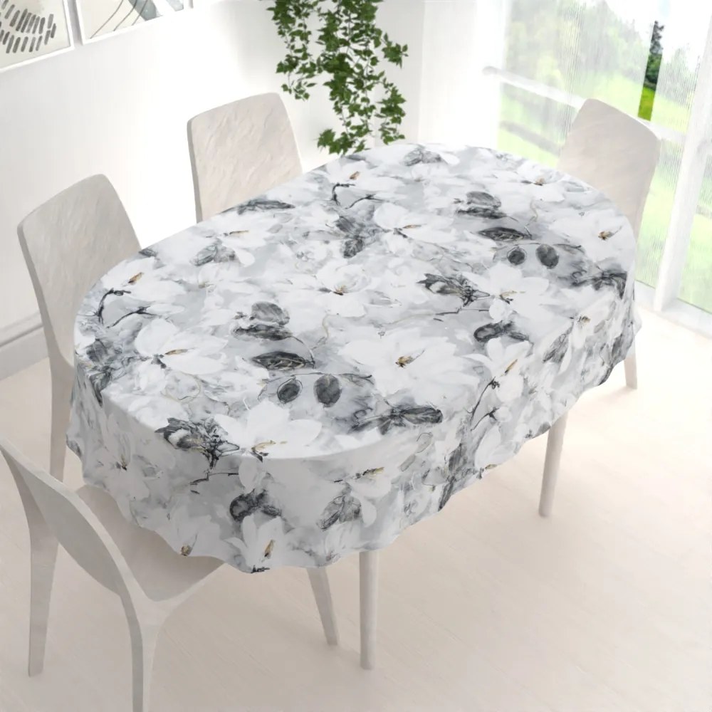 Biante Zamatový oválny obrus Tamara TMR-006 Designové kvety na sivom 140x200 cm