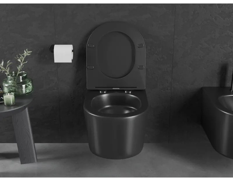 Mexen Sofia, závesná WC misa 490x360x355 mm, Rimless Tornádo + WC sedadlo z duroplastu, čierna matná, 30541085T