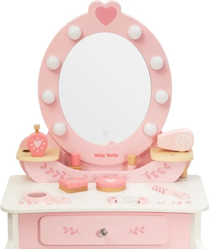 Veľká drevená toaletka ELLY pre deti s LED svetlom a taburetkou ružová