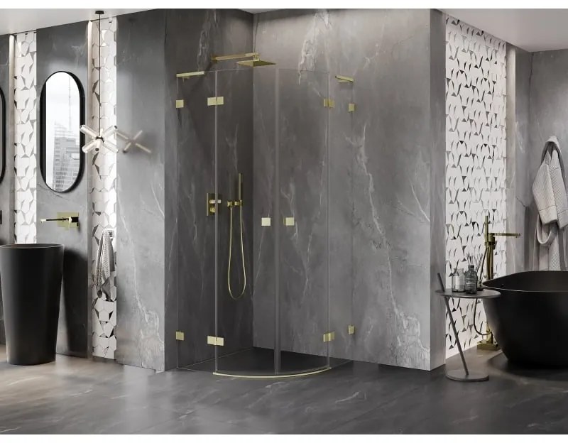 Mexen Lunar, L výklopný polkruhový sprchový kút 80 x 80 cm, 8mm číre sklo, zlatý matný profil, 833L-080L-080P-55-00