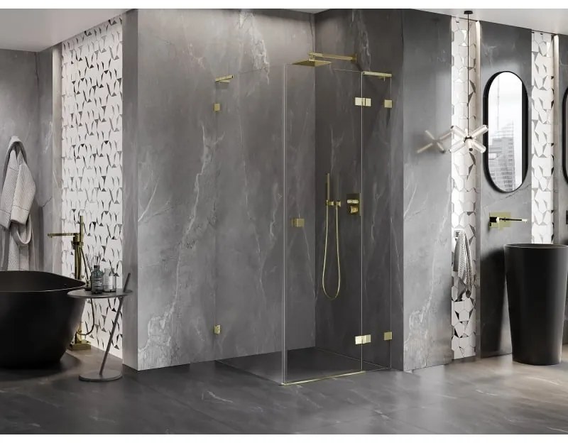 Mexen Lunar, L výklopný sprchový kút pravý 70 x 70 cm, 8mm číre sklo, zlatý profil, 834L-070-070-50-00-P