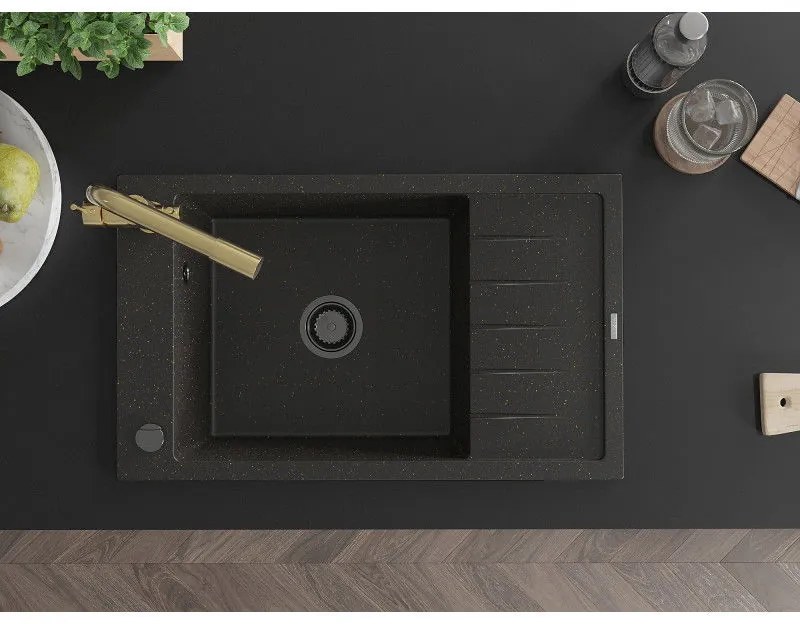 Mexen Elias, 1-komorový granitový drez s odkvapkávačom 795x480x200 mm a zlatá batéria Duero, čierna - zlatá metalíza, 6511-75-671600-50-B