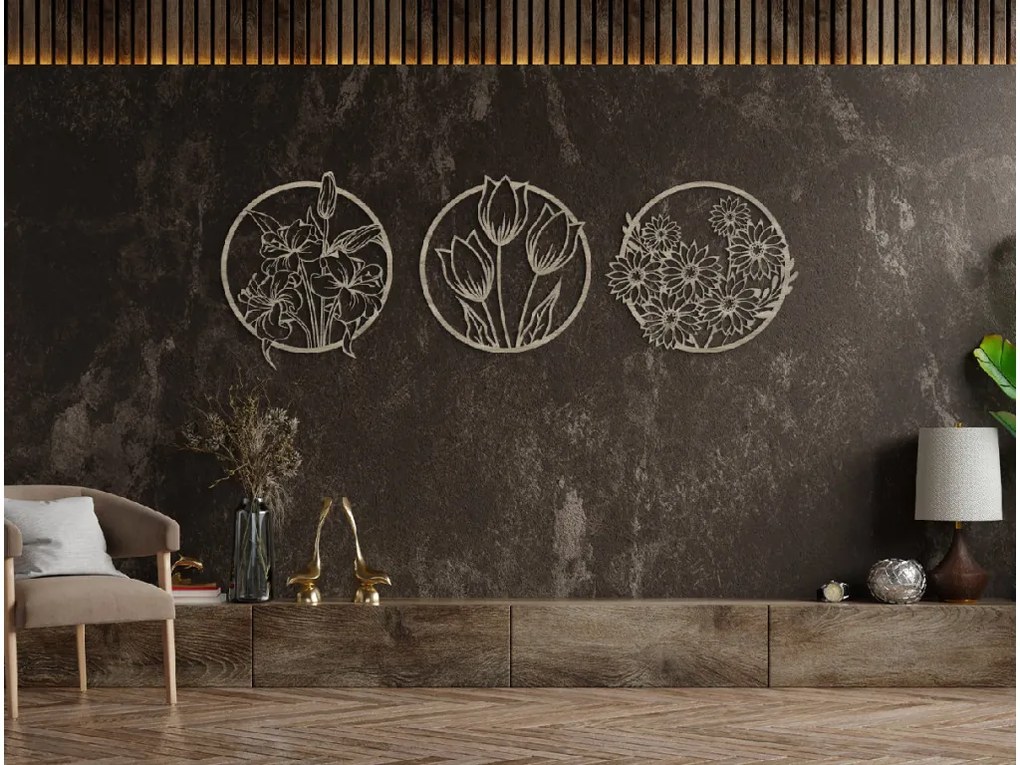 drevko Viacdielny okrúhly obraz Kvety Rozmer obrazu: 23 x 65 cm, Farba dekorácie: Čierna