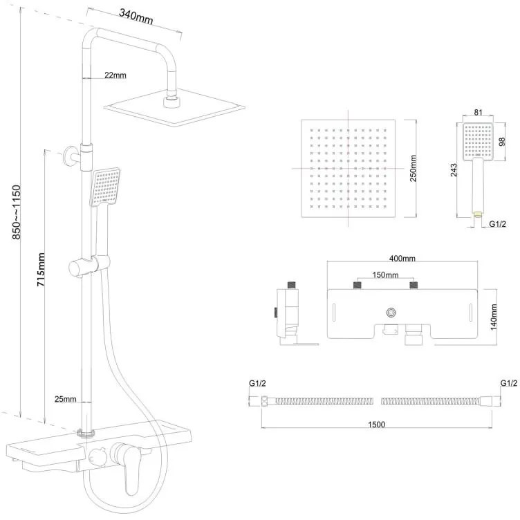 Sprchová súprava SOLO s policou a výtokom do vane - chrómová