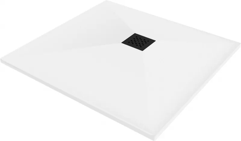 Mexen Stone+, štvorcová vanička z minerálneho kompozitu 80 x 80 cm, biela, čierna krytka, 44108080-B