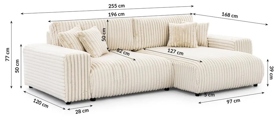 Krémová menčestrová rozkladacia/s úložným priestorom rohová pohovka (pravý roh) Sarina – Ropez