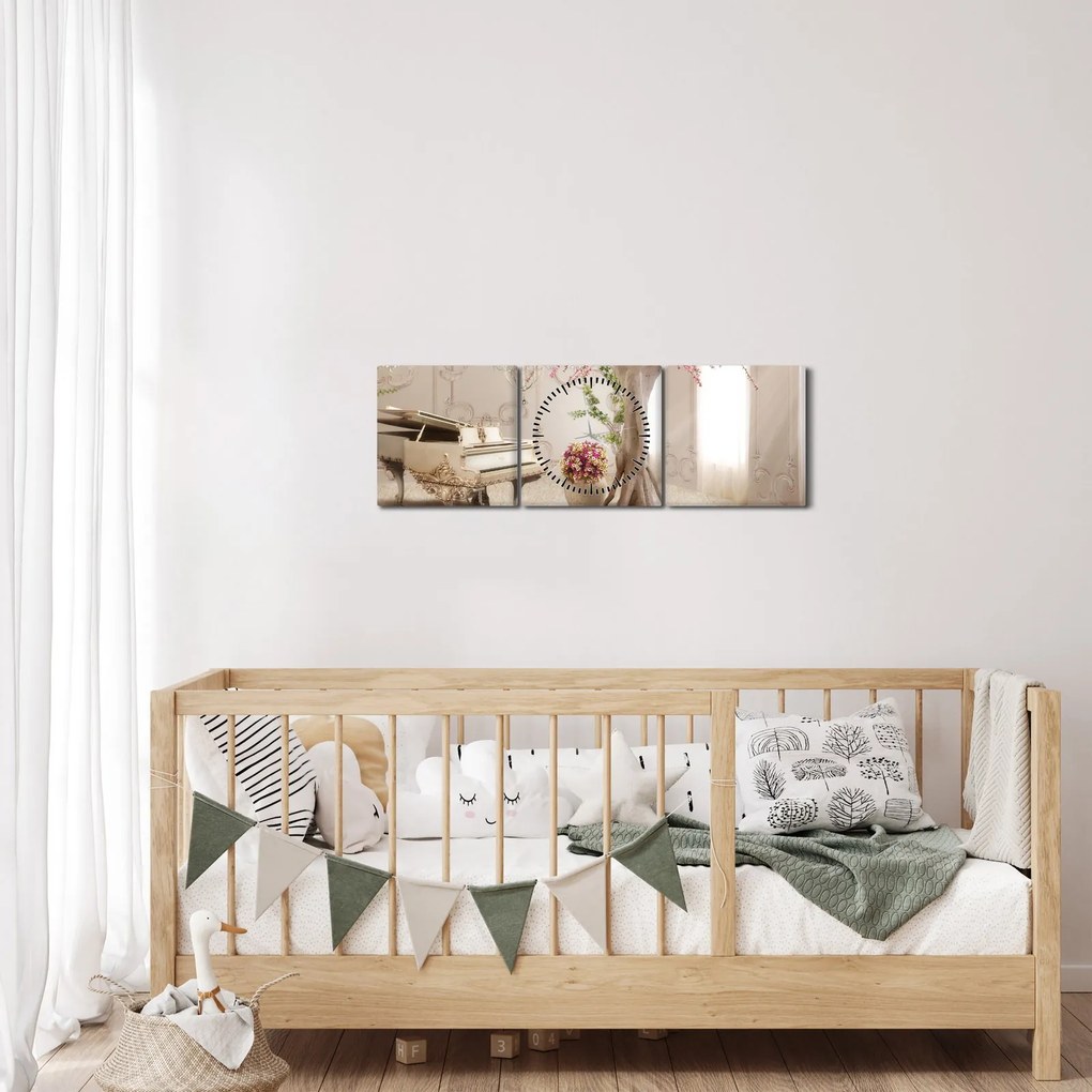 Obraz - Snový interiér s klavírom (s hodinami) (90x30 cm)