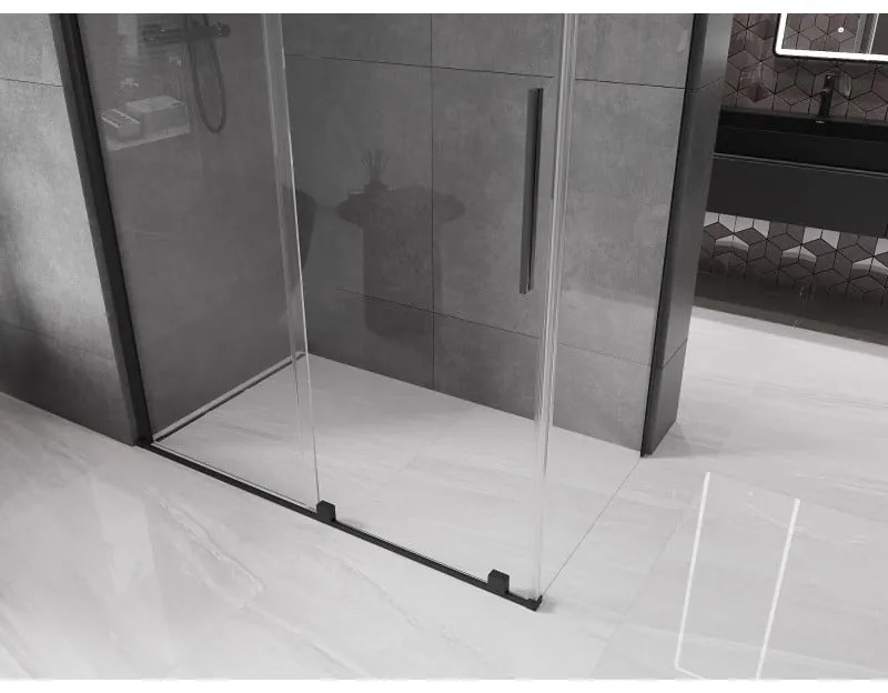 Mexen Velar, sprchový kút s posuvnými dverami 150(dvere) x 85(stena) cm, 8mm číre sklo, čierna matná, 871-150-085-01-70