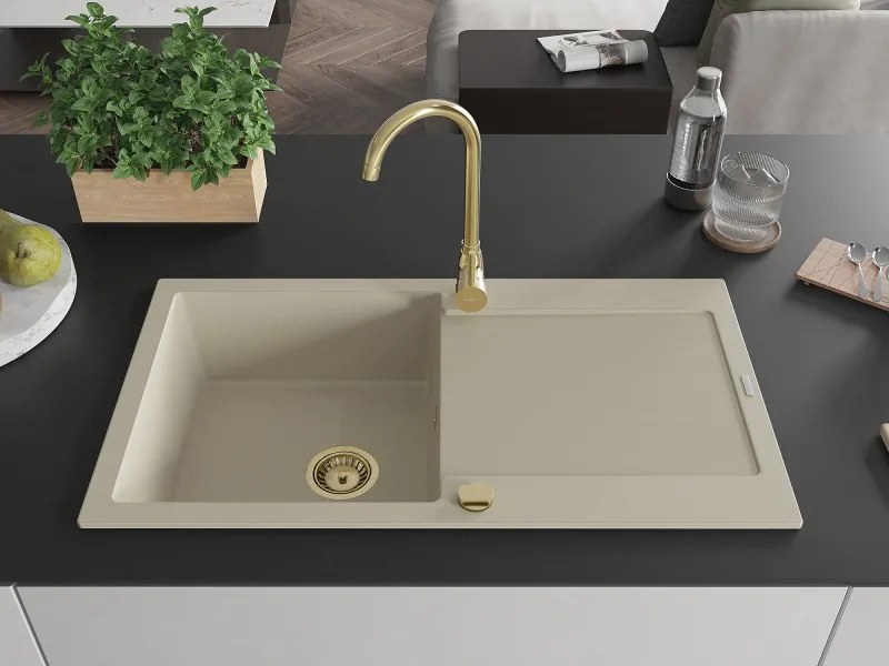 Mexen Leo granitový drez s 1 komorou a odkvapkávačom 900 x 500 mm, béžový, sifón zlatý - 6501901010-69-G