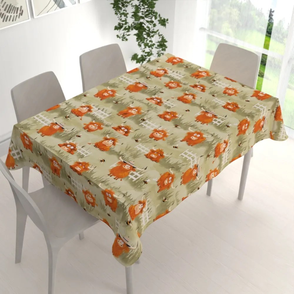 Biante Detský bavlnený obdĺžnikový obrus Sandra SA-612 Býčky na pastve na zelenom 140x220 cm