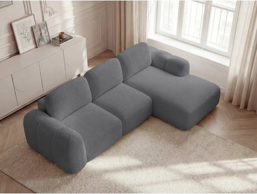 Sivá rozkladacia/s úložným priestorom rohová pohovka z textílie buklé (pravý roh/s leňoškou) Montaigne – Bobochic Paris