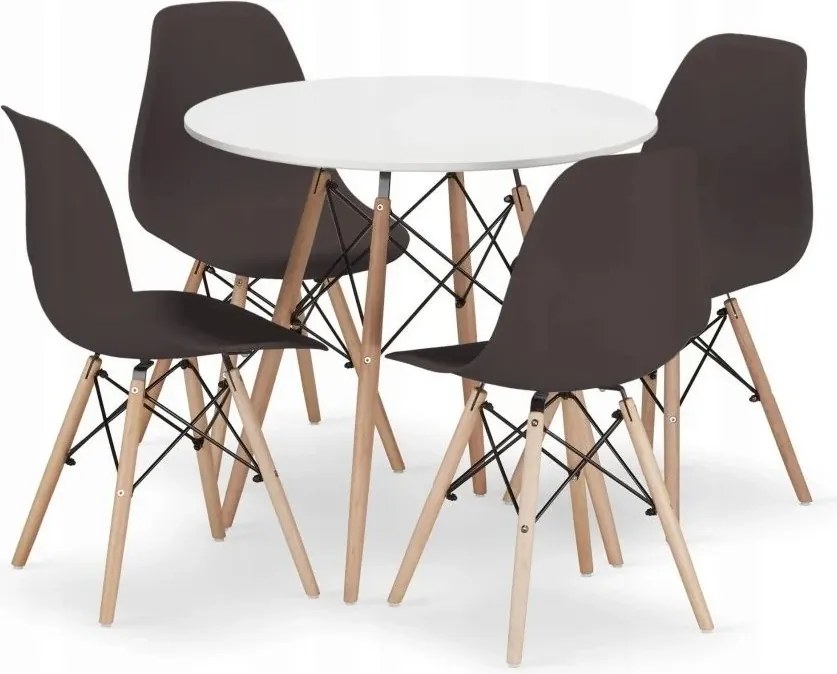 Jedálenská zostava TODI 80cm okrúhly stolový set biely + 4 stoličky OSAKA čierne Farba: Hnedá
