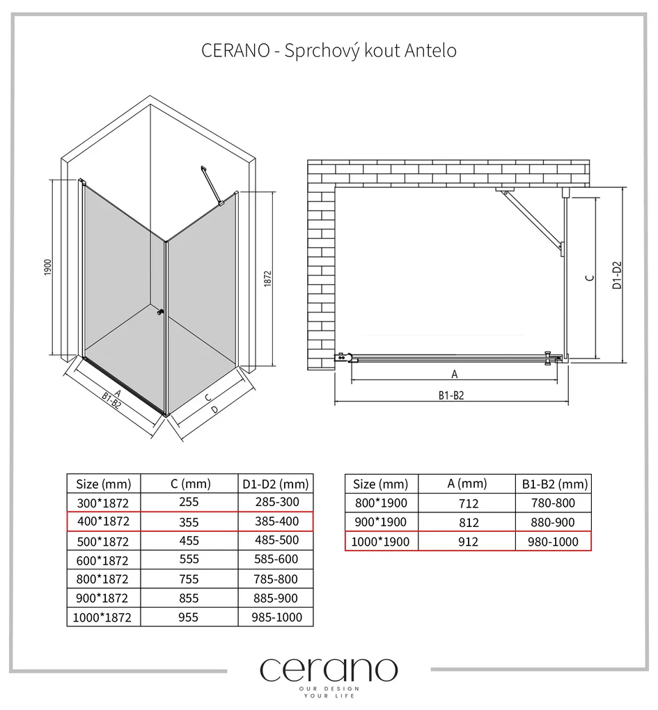 Cerano Antelo, 1-krídlový sprchovací kút 100(dvere) x 40(stena) x 190 cm, 6mm číre sklo, čierny profil, CER-CER-477245