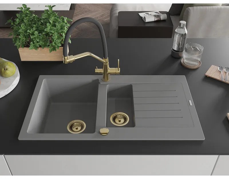 Mexen Matias, 1,5-komorový granitový drez 900x505x200 mm a drezová batéria Duo, šedá, 6502-71-671701-57-G