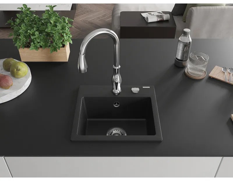 Mexen Milo, 1-komorový granitový drez 435x410x171 mm a drezová batéria Savita, čierna, 6505-77-672601-00