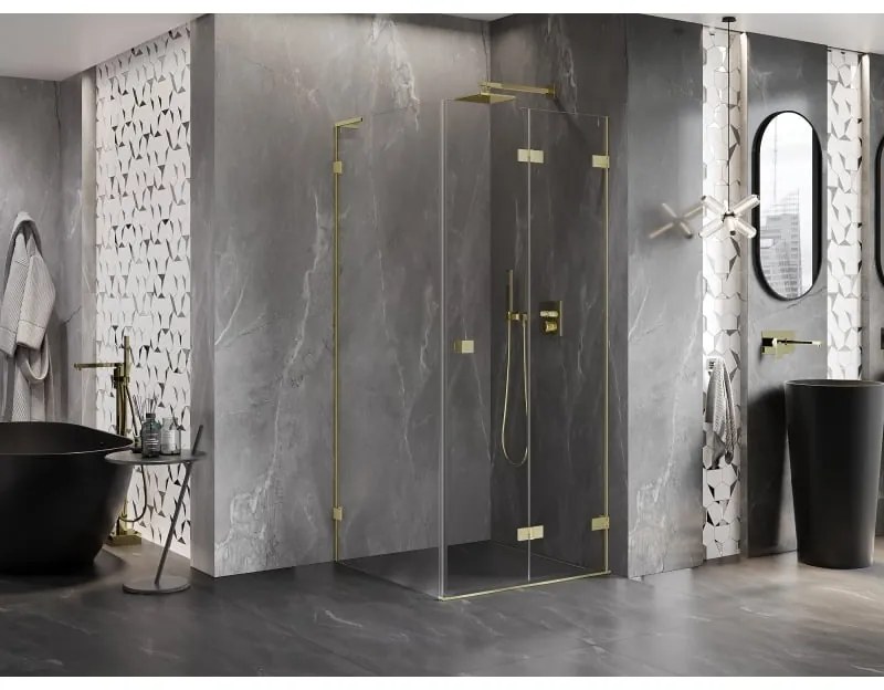 Mexen Lunar-F L, 1-krídlový sprchový kút so skladacími dverami, pravý, 90 x 90 cm, 8mm číre sklo, zlatý matný profil, 836L-090-090-55-00-P