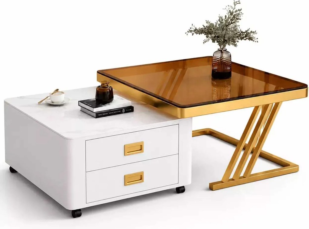LuxuryForm DESIGN Konferenčný stolík BOLT 70 × 70 / 60 × 60 cm – biely / zlatý (set 2 ks)