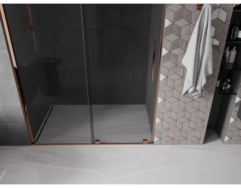 Mexen Velar, posuvné sprchové dvere do otvoru 150 cm, 8mm šedé sklo, ružové zlato, 871-150-000-41-60