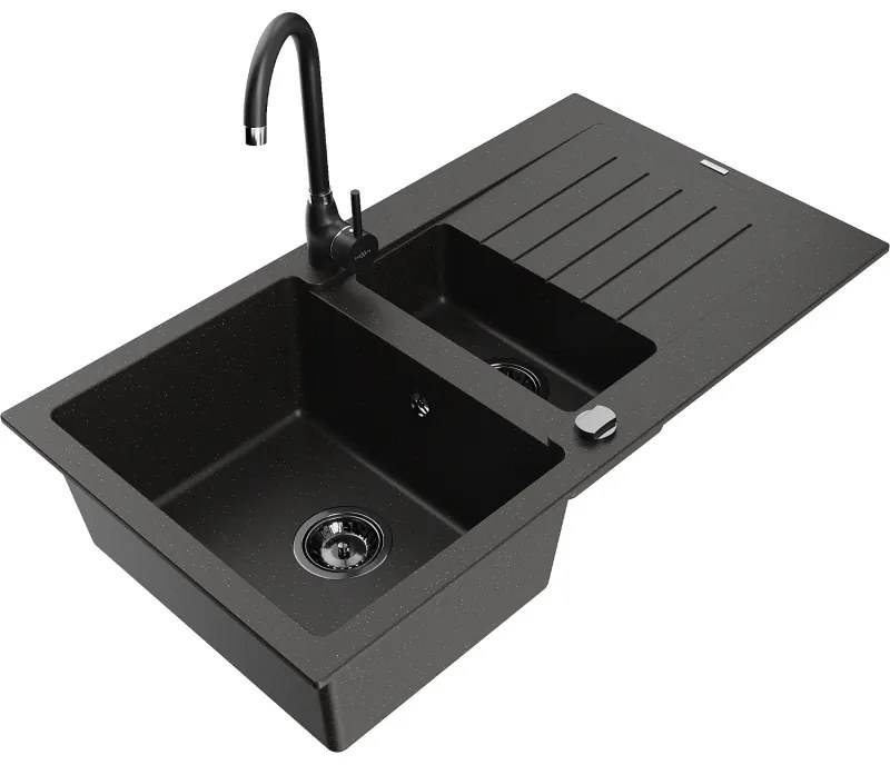 Mexen Matias, granitový drez 900x505x200 mm, 1,5-komorový a čierna batéria Telma, čierna-zlatá metalíza, 6502-75-670200-70-B