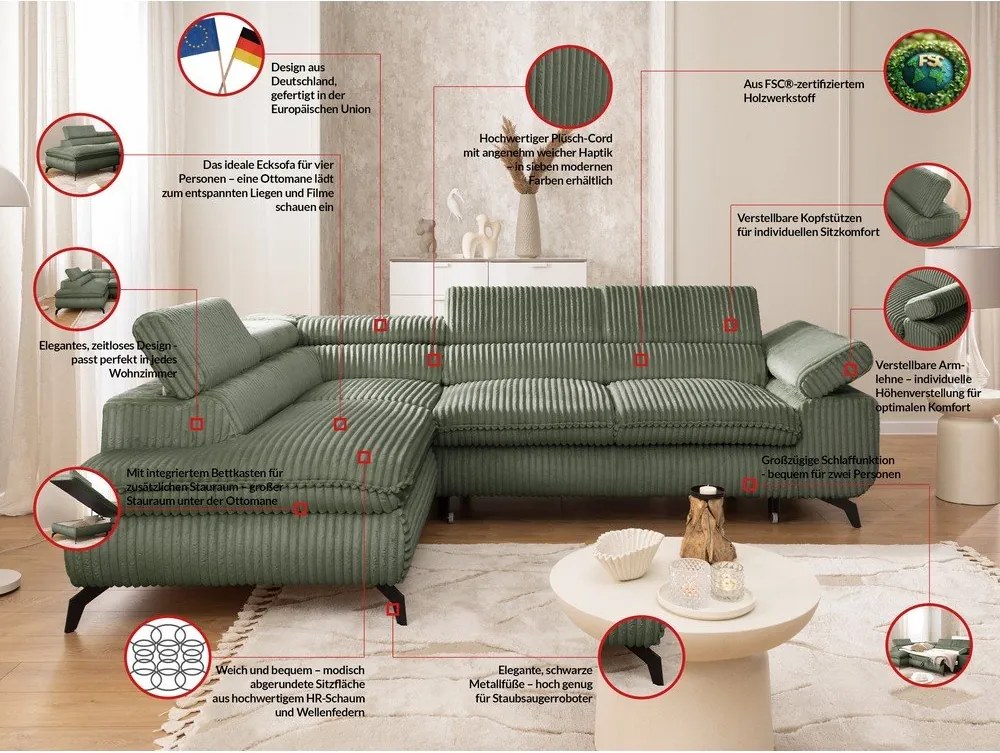 Zelená menčestrová rohová pohovka (ľavý roh/do L) Marbeya – Ropez