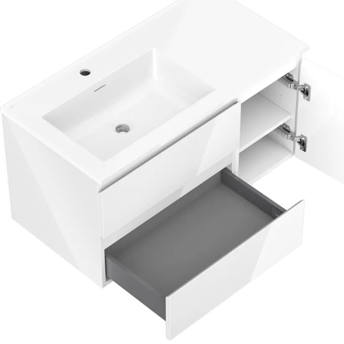 Mexen Orio, kúpeľňová skrinka 90 cm s umývadlom Otis vľavo, 2S, 1D, biela lesklá, 91A13-09047-3-BBFFF00-W18L00