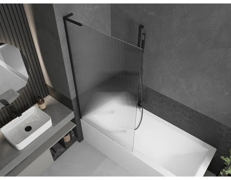 Mexen Next L, 1-krídlová vaňová zástena 90 x 150 cm, 6mm sklo s rebrovým vzorom, čierny profil, 895-090-000-03-09-70