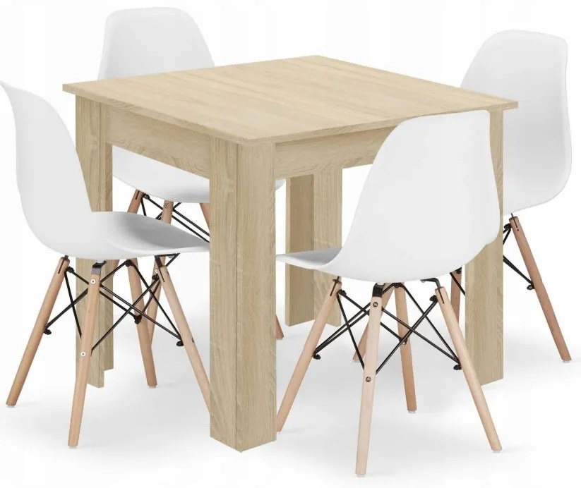Jedálenská zostava stôl Dub sonoma 80 X 80 hnedé nohy + 4 stoličky OSAKA biele/ prírodné nohy